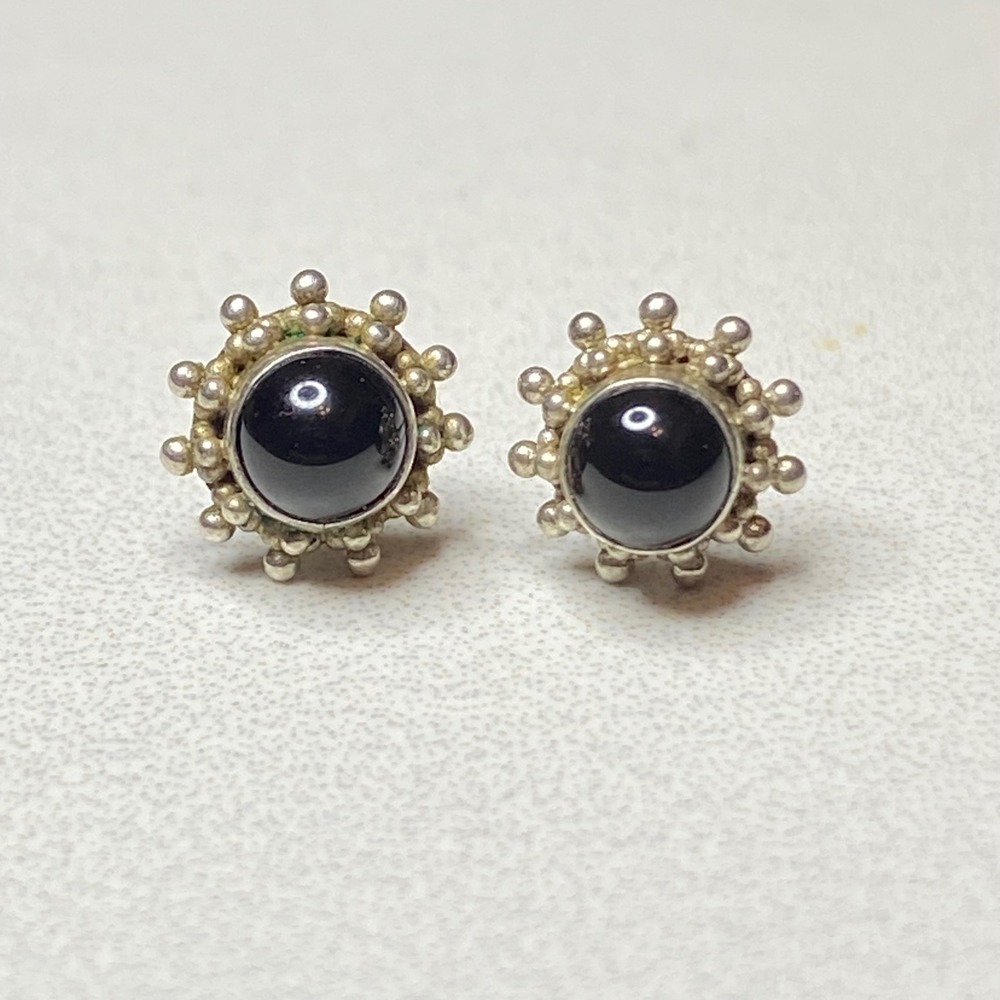 Sterling Silver Stud Earrings‎ with Round Black Onyx Cabochon Boho Jewelry